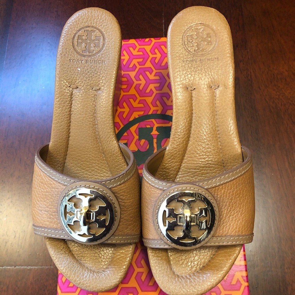 Tory Burch tan wedge sandals.